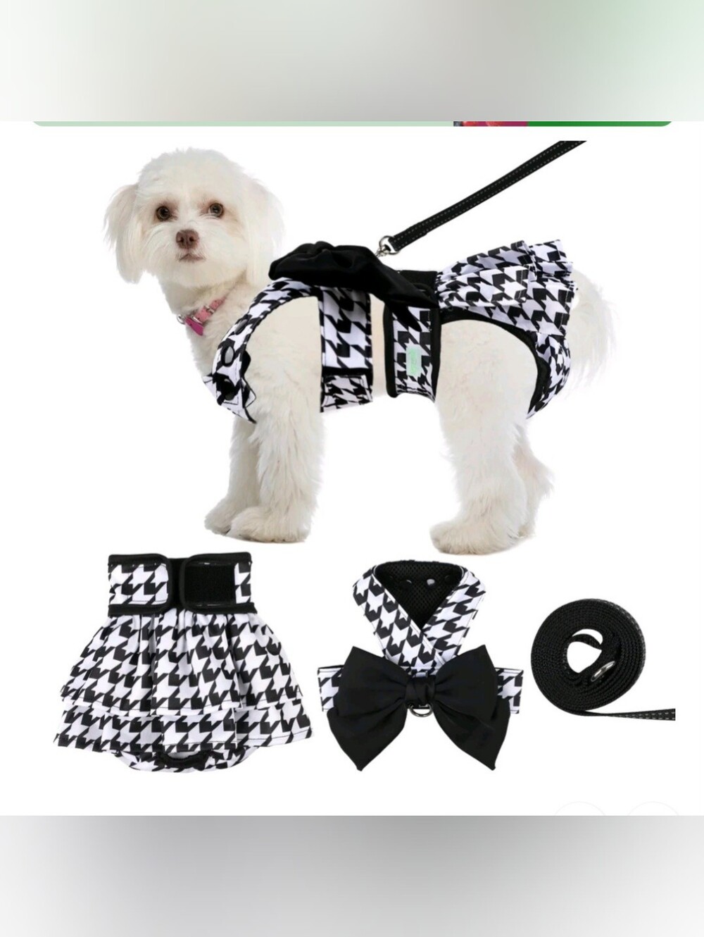 New Female Washable Diaper Skirt & Harness Set~Houndstooth Pattern~Leash~Bow~Med